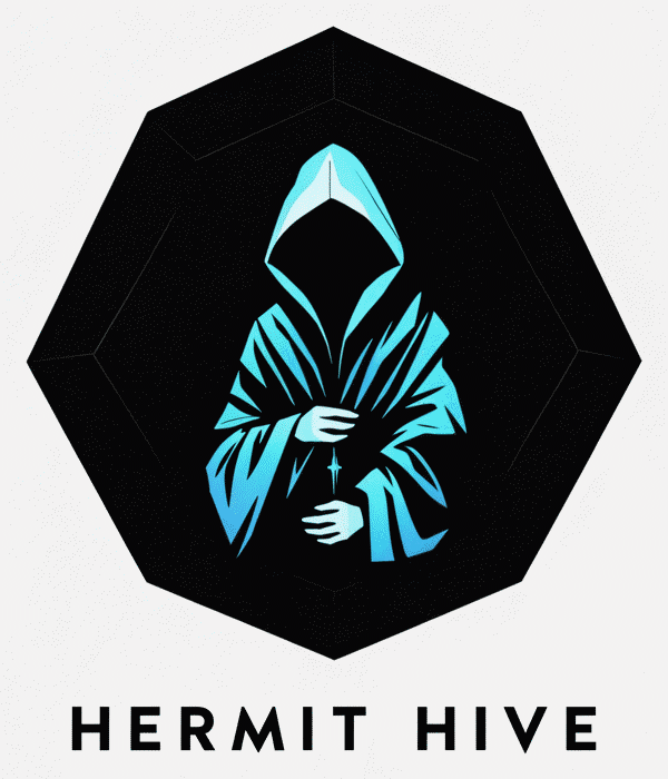 Hermit Hive logo: a hooded figure in cyan inside a black hexagon